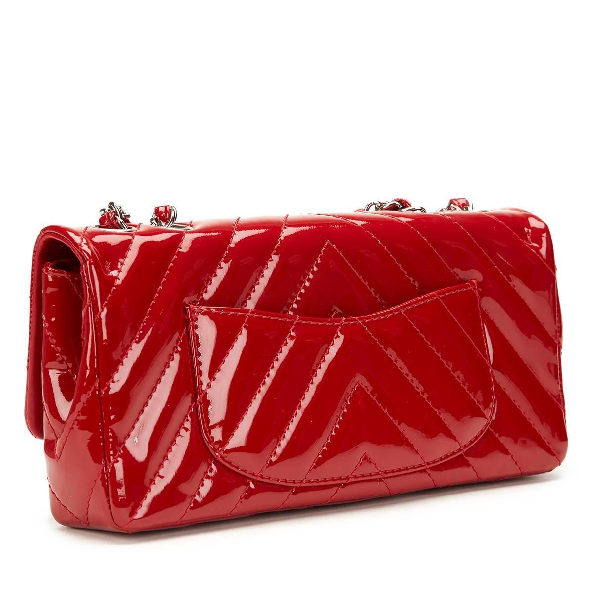Women's 2000s Chanel Red Chevron Quilted Patent Leather East West Single Flap Bag