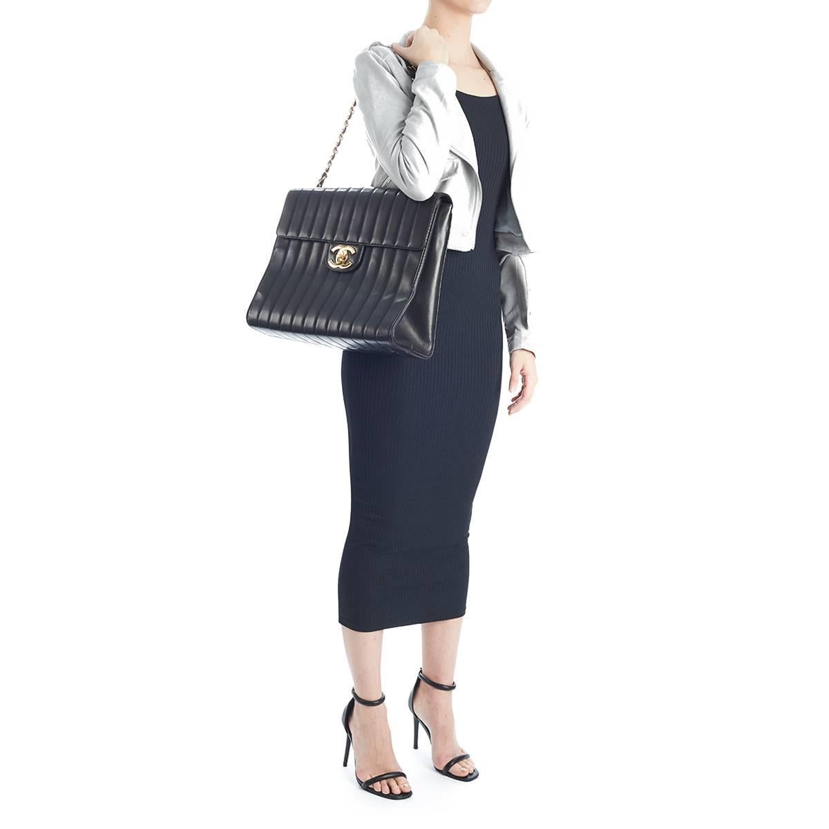 1990s Chanel Black Vertical Quilted Lambskin Vintage Maxi Jumbo XXL Flap Bag 6