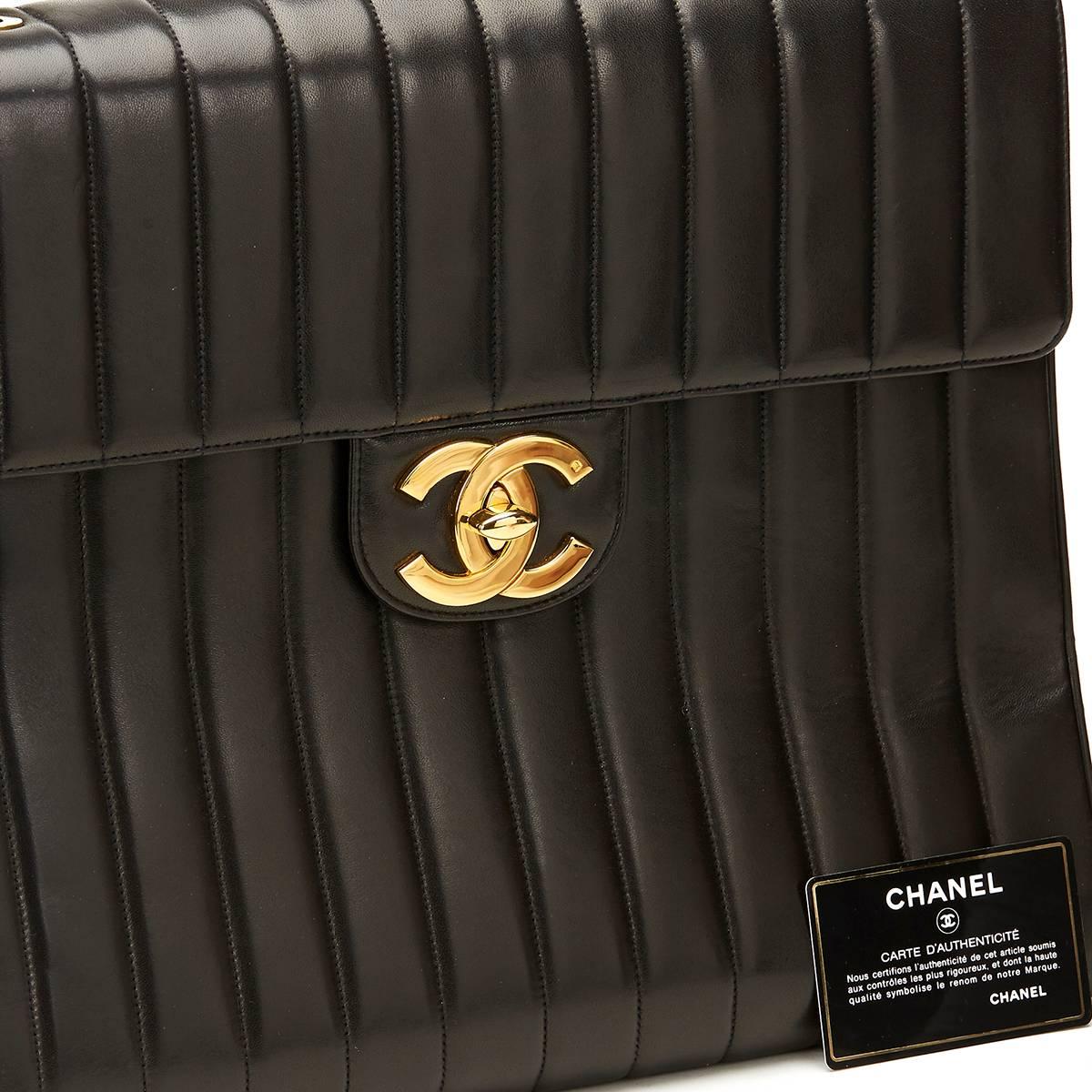 1990s Chanel Black Vertical Quilted Lambskin Vintage Maxi Jumbo XXL Flap Bag 5