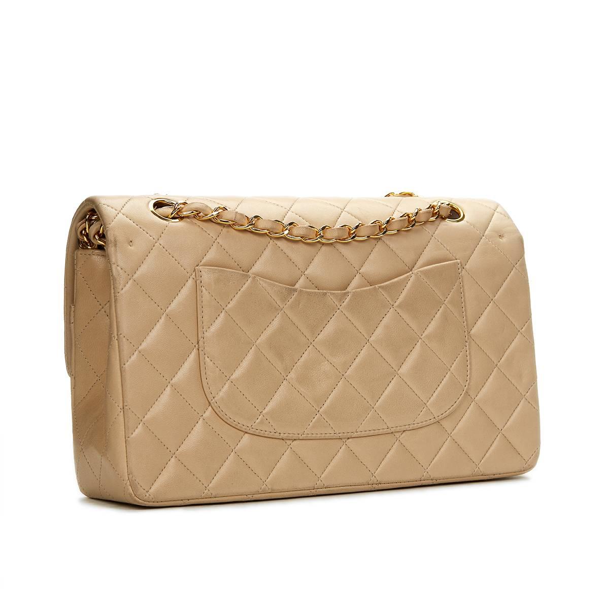 1990s Chanel Beige Quilted Lambskin Vintage Medium Classic Double Flap Bag 2