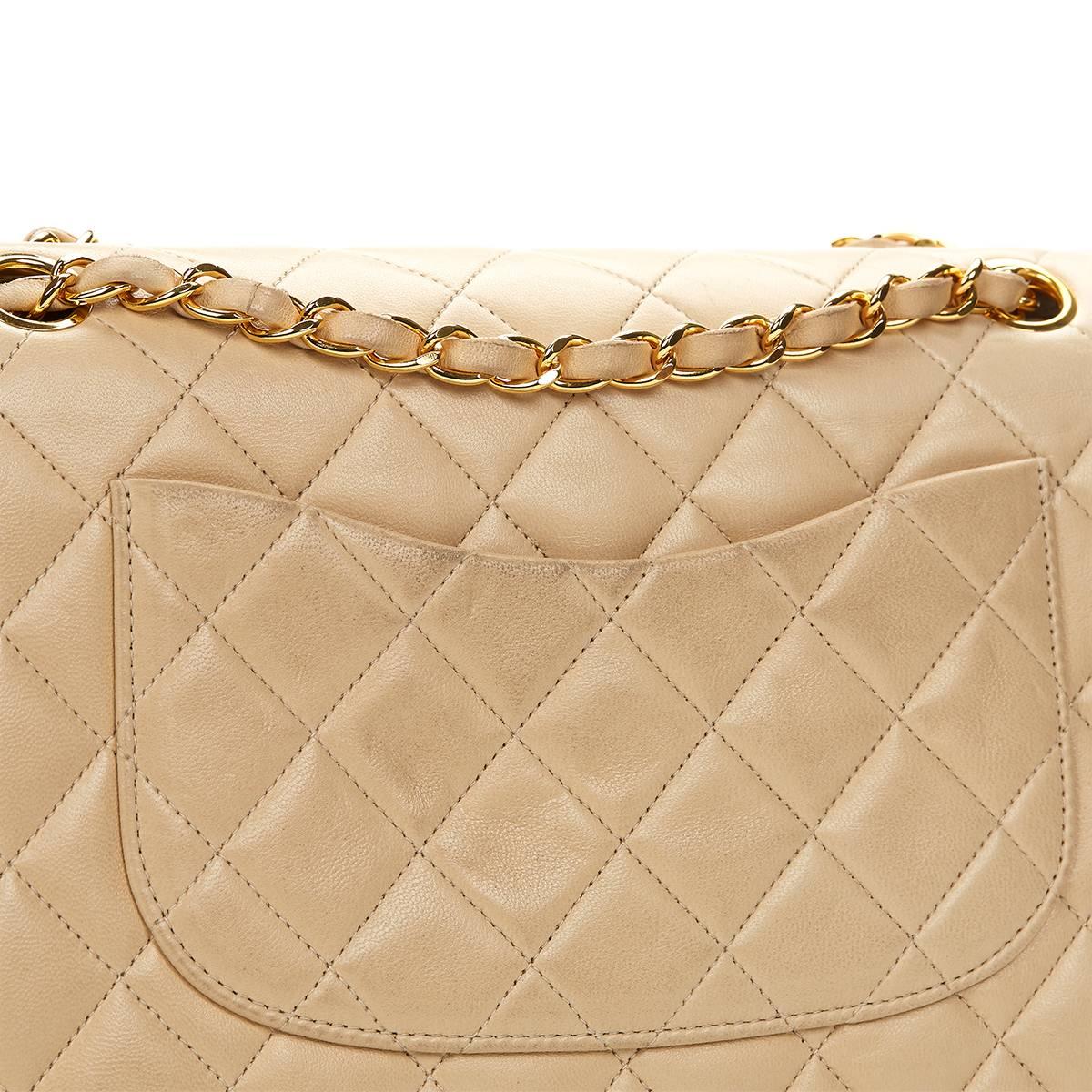 1990s Chanel Beige Quilted Lambskin Vintage Medium Classic Double Flap Bag 5