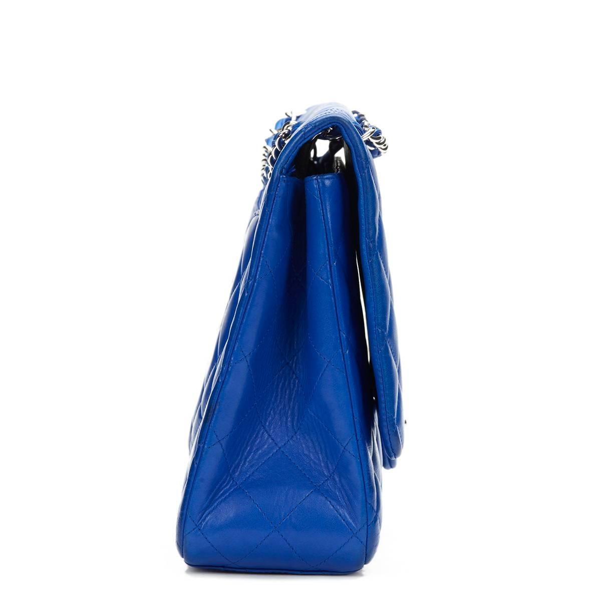 2000s Chanel Electric Blue Maxi Classic Single Flap Bag In Good Condition In Bishop's Stortford, Hertfordshire