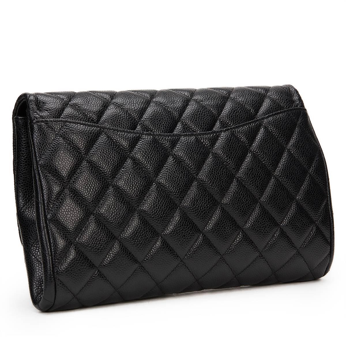2010s Chanel Black Quilted Caviar Leather Clutch-on-Chain 1