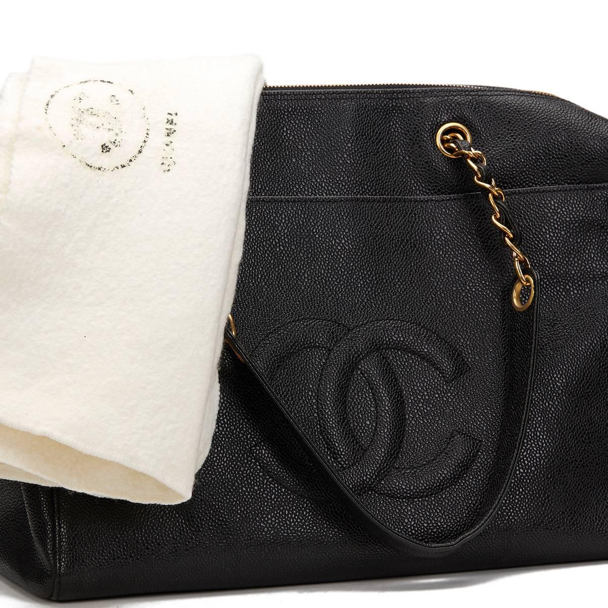 1990s Chanel Black Caviar Leather Vintage Timeless Shoulder Bag 5