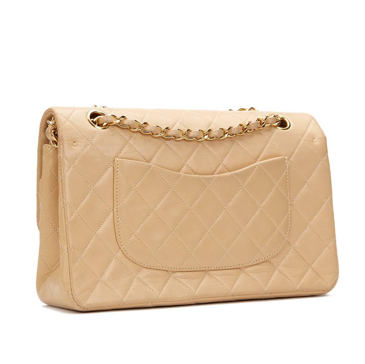 1990s Chanel Beige Quilted Lambskin Vintage Medium Classic Double Flap Bag In Good Condition In Bishop's Stortford, Hertfordshire