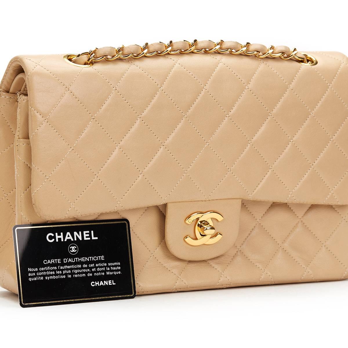 1990s Chanel Beige Quilted Lambskin Vintage Medium Classic Double Flap Bag 6