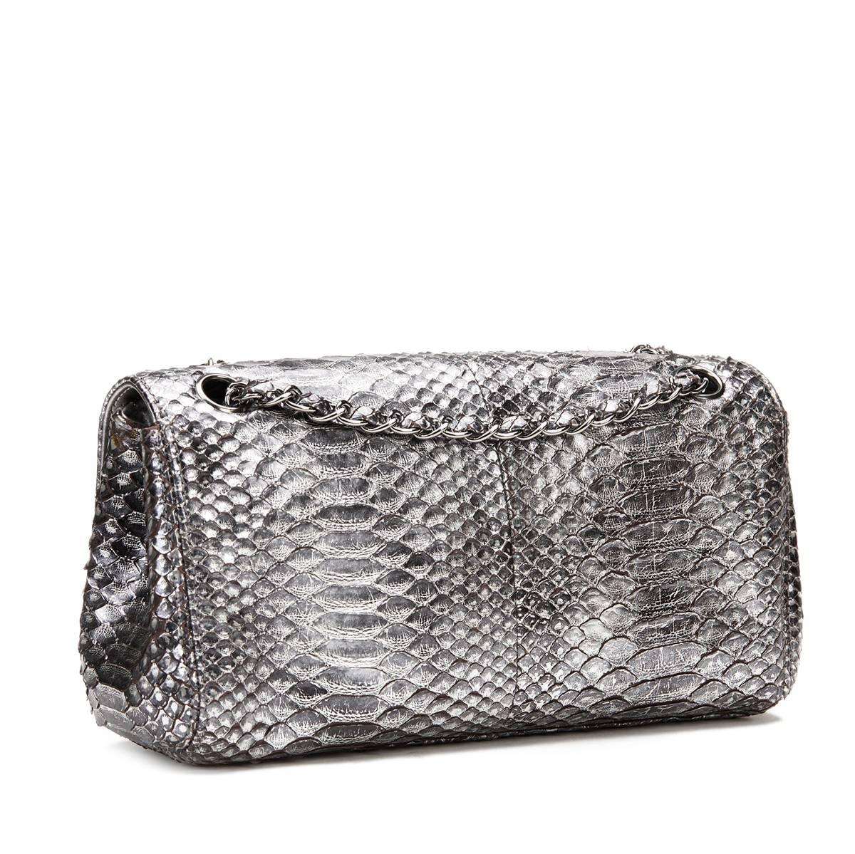 2000s Chanel Metallic Silver Python Classic Single Flap Bag 1