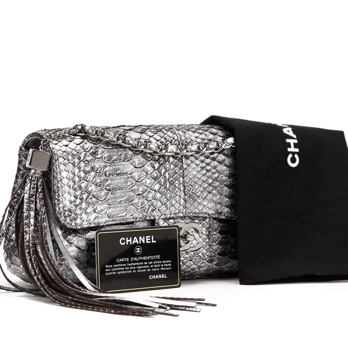 2000s Chanel Metallic Silver Python Classic Single Flap Bag 6