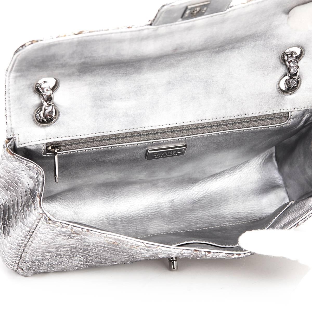 2000s Chanel Metallic Silver Python Classic Single Flap Bag 2