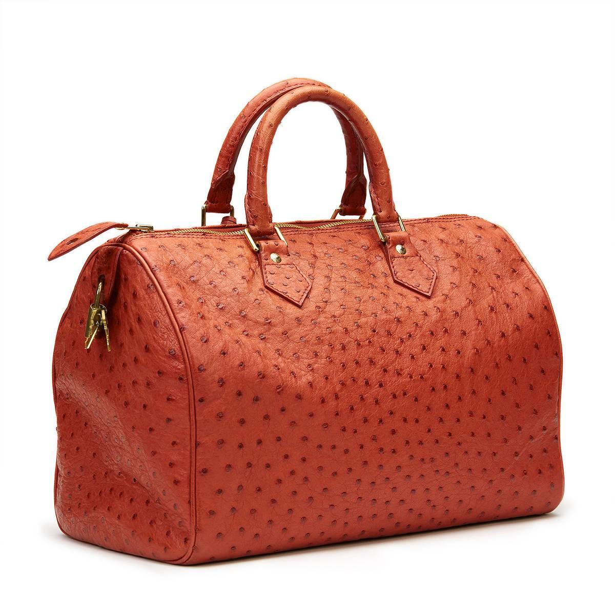 1990s Louis Vuitton Red Ostrich Leather Special Order Speedy 35cm 1