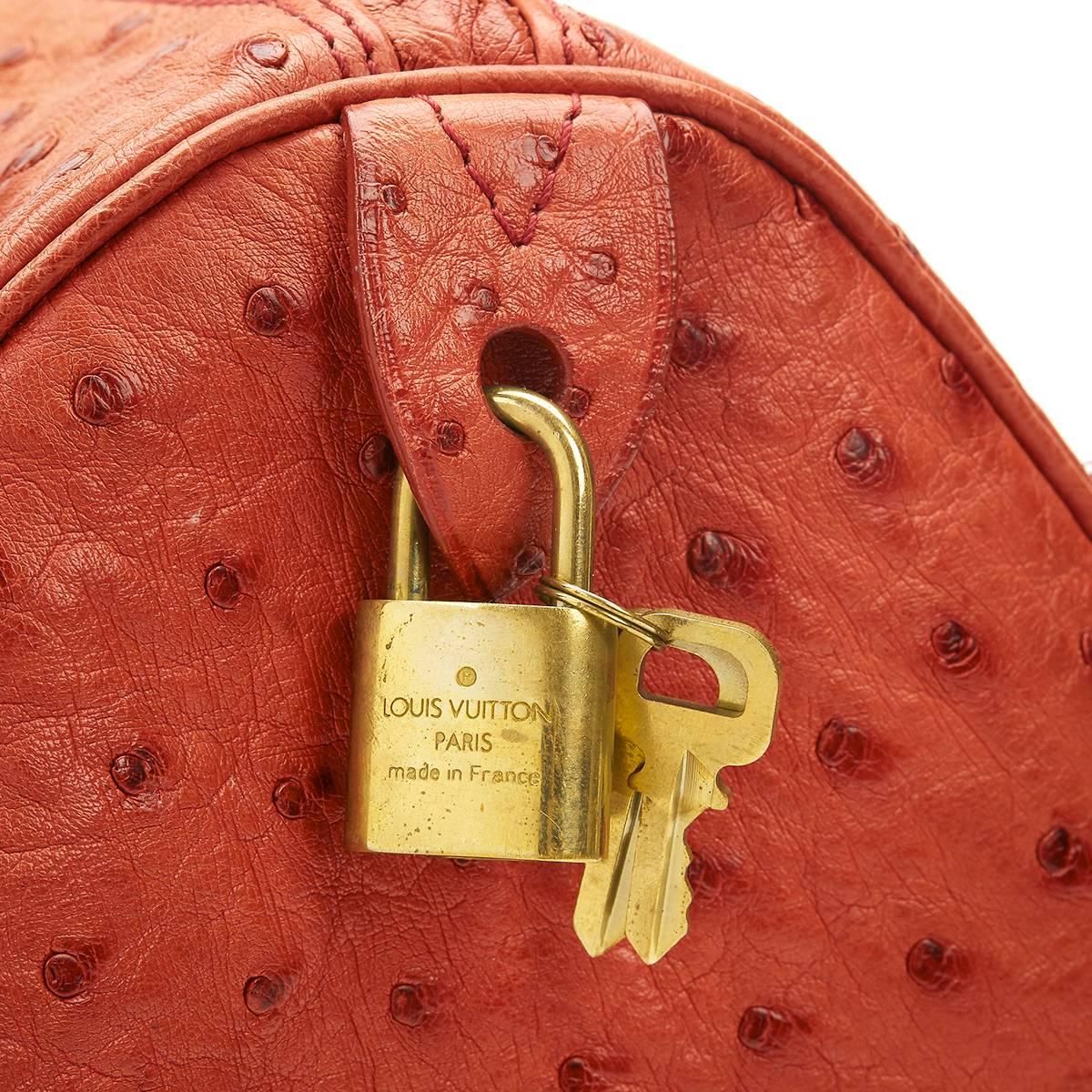 1990s Louis Vuitton Red Ostrich Leather Special Order Speedy 35cm 3