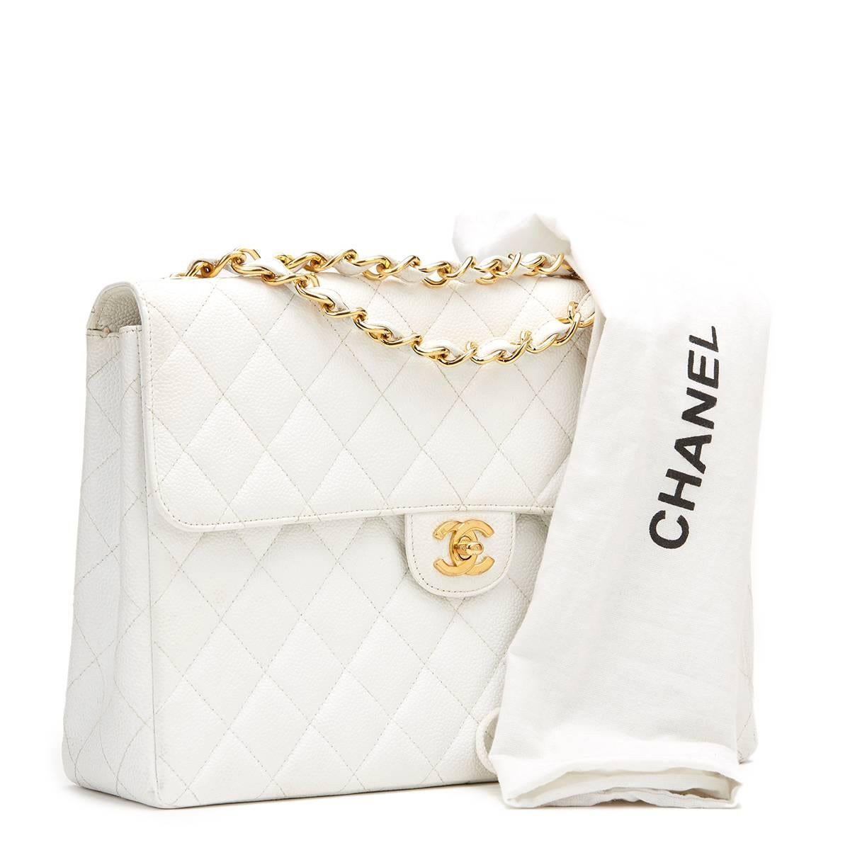 1990s Chanel White Quilted Caviar Leather Vintage Jumbo Flap Bag 1