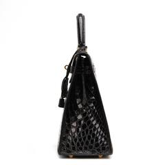 1997 Hermes Black Shiny Alligator VIntage Kelly Sellier 32cm
