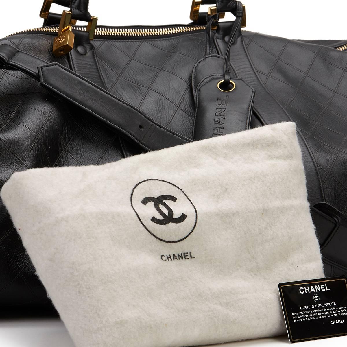 1990s Chanel Black Quilted Lambskin Vintage Boston Travel Bag 6