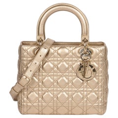 Christian Dior Metallic Gold Cannage Quilted Lambskin Medium Lady Dior