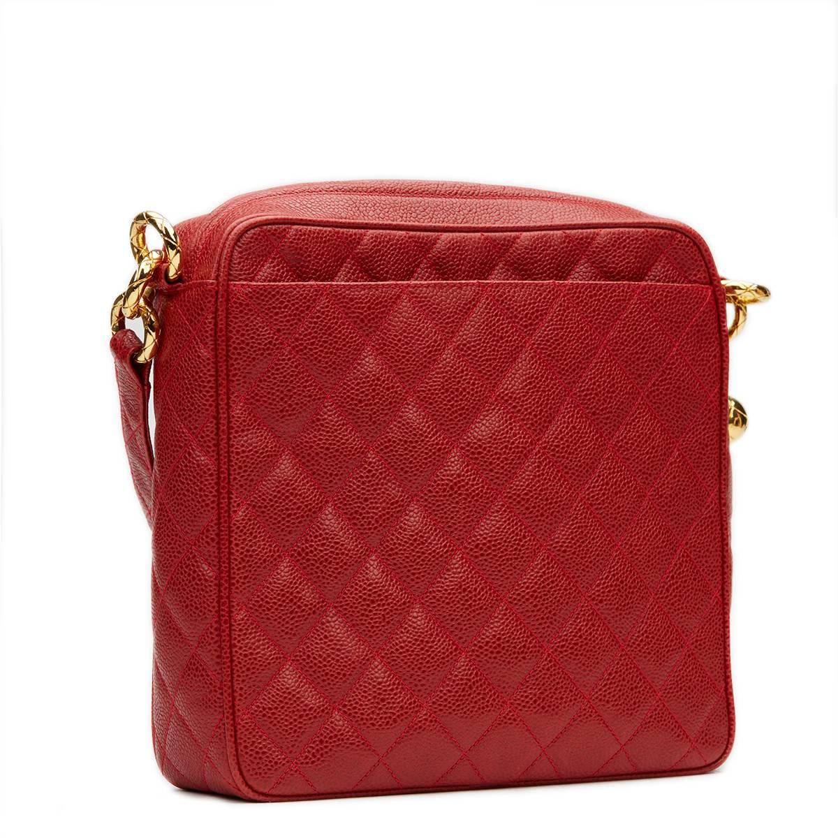 Women's or Men's 1990s Chanel Red Quilted Caviar Leather Vintage Timeless Shoulder Bag