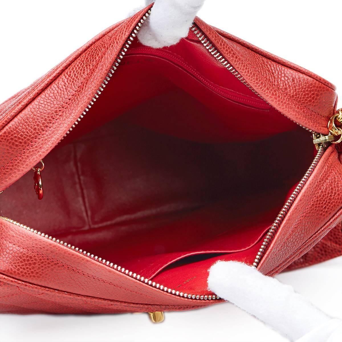 1990s Chanel Red Quilted Caviar Leather Vintage Timeless Shoulder Bag 2