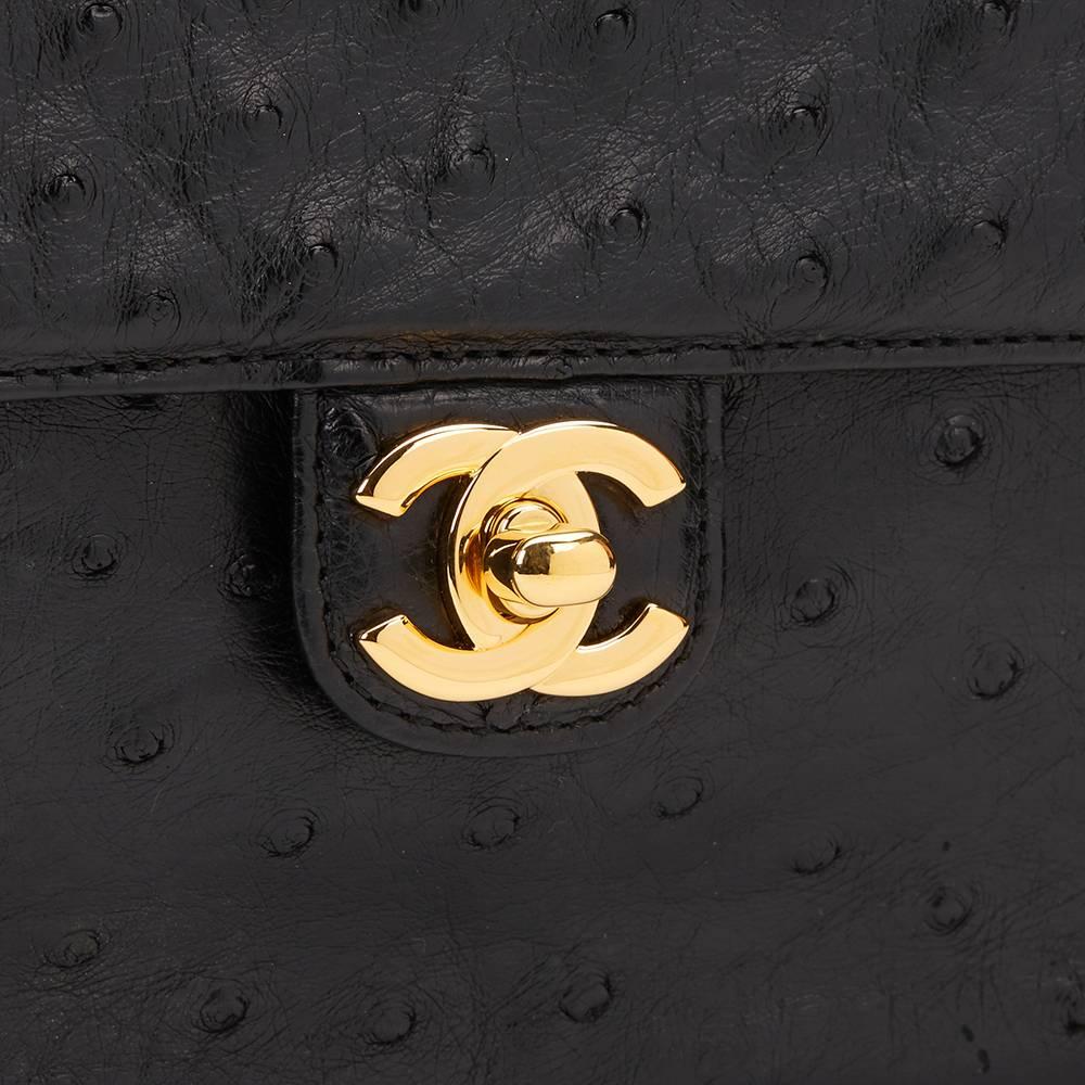 1980s Chanel Black Ostrich Leather Vintage Classic Single Flap Bag 4