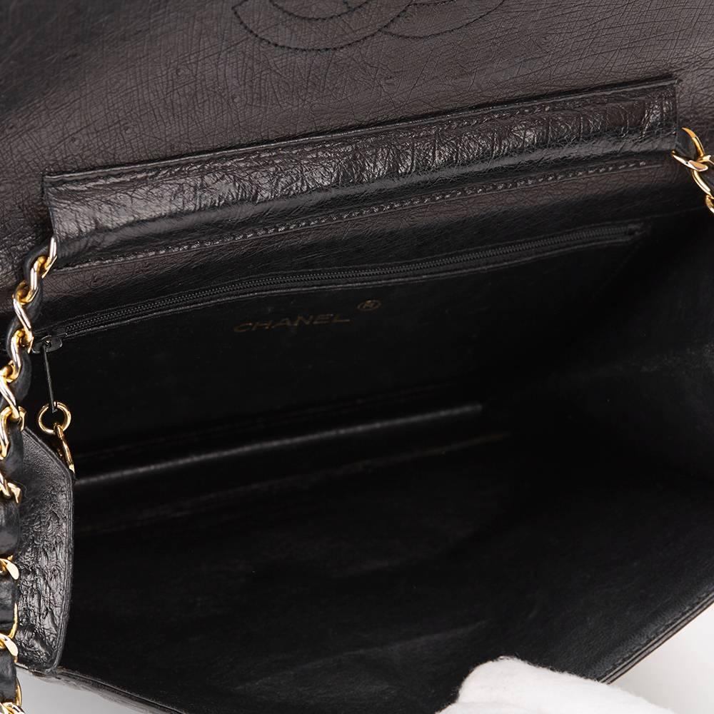 1980s Chanel Black Ostrich Leather Vintage Classic Single Flap Bag 5