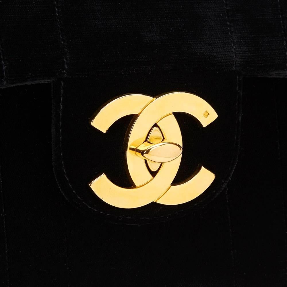 1990s Chanel Black Vertical Quilted Velvet Vintage Jumbo XL Flap Bag 1