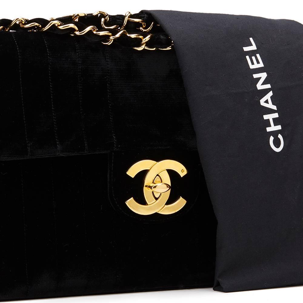 1990s Chanel Black Vertical Quilted Velvet Vintage Jumbo XL Flap Bag 3