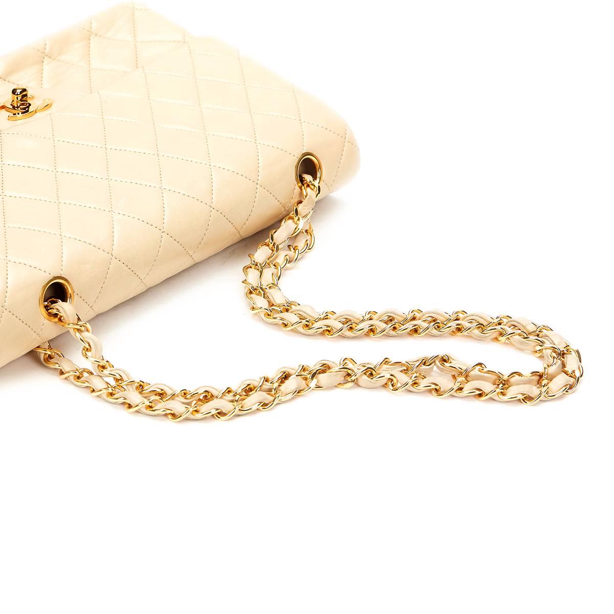 Beige 1991 Chanel Ivory Quilted Lambskin Vintage Medium Classic Double Flap Bag