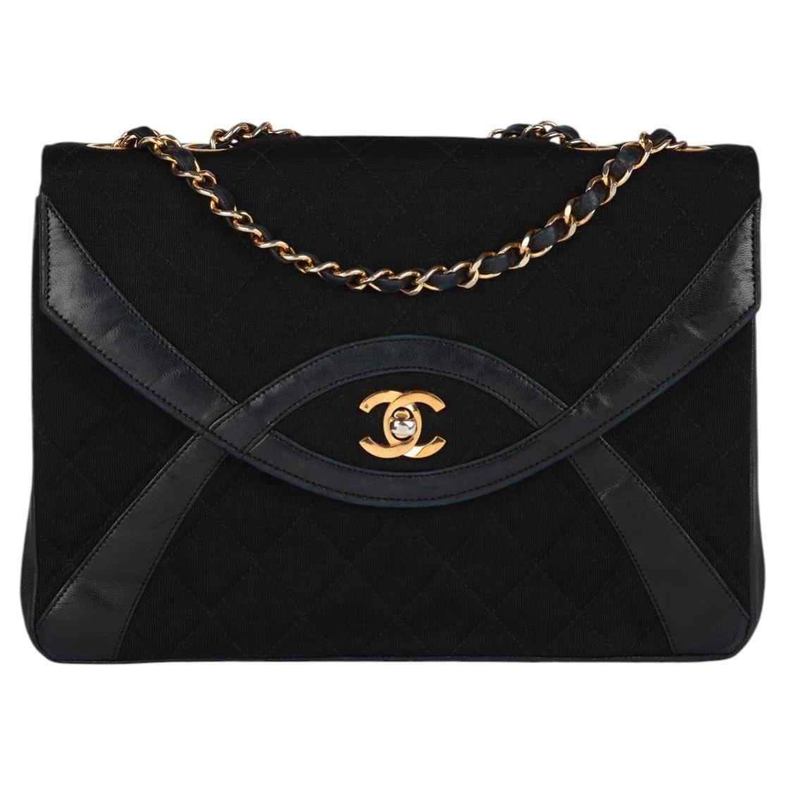 Chanel Black Quilted Jersey & Lambskin Vintage Medium Classic Single Flap Bag