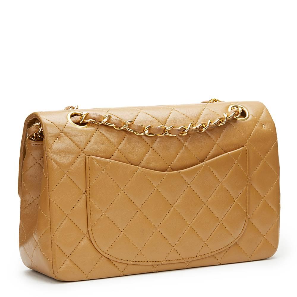 1990s Chanel Light Brown Quilted Lambskin Vintage Small Classic Double Flap Bag 1