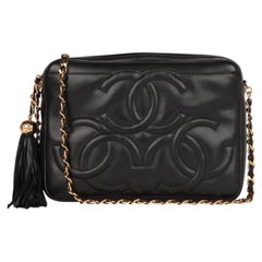 Chanel 1995 Black Quilted Lambskin Leather Vintage Triple Logo Camera Bag