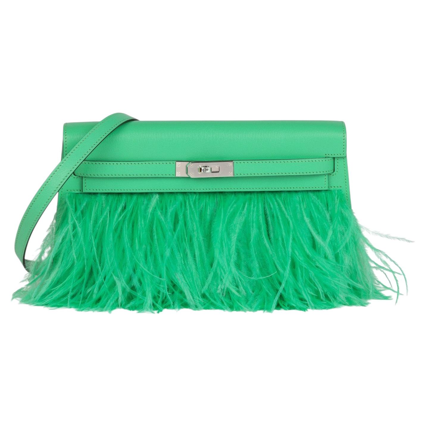 Hermès Vert Comics Chevre Chamkila Leather & Ostrich Feather Folie Kelly Elan For Sale