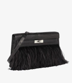 Hermès Black Matte Porosus Crocodile Leather & Ostrich Feather Folie Kelly Elan