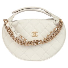 Chanel White Quilted Caviar Leather Double Chain Bow Moon Hobo Bag
