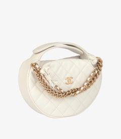 Chanel White Quilted Caviar Leather Double Chain Bow Moon Hobo Bag