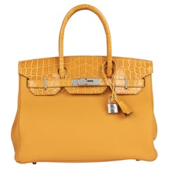Hermès Jaune Ambre – Birkin 30 cm Retourne aus glänzendem Niloticus-Krokodilleder und Togo-Leder