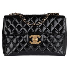 Chanel Black Quilted Patent Leather Vintage Jumbo XL Classic Single Flap Bag