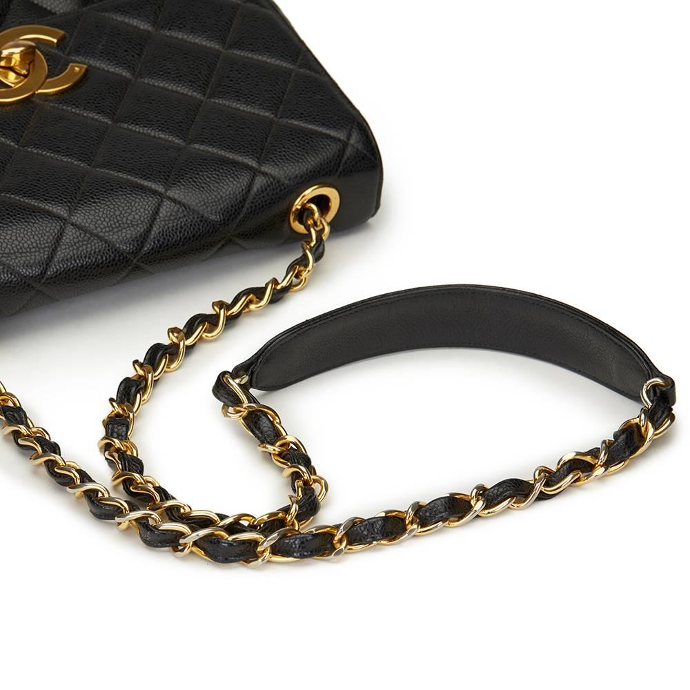 1990s Chanel Black Quilted Caviar Leather Vintage Classic Single Flap Bag 2