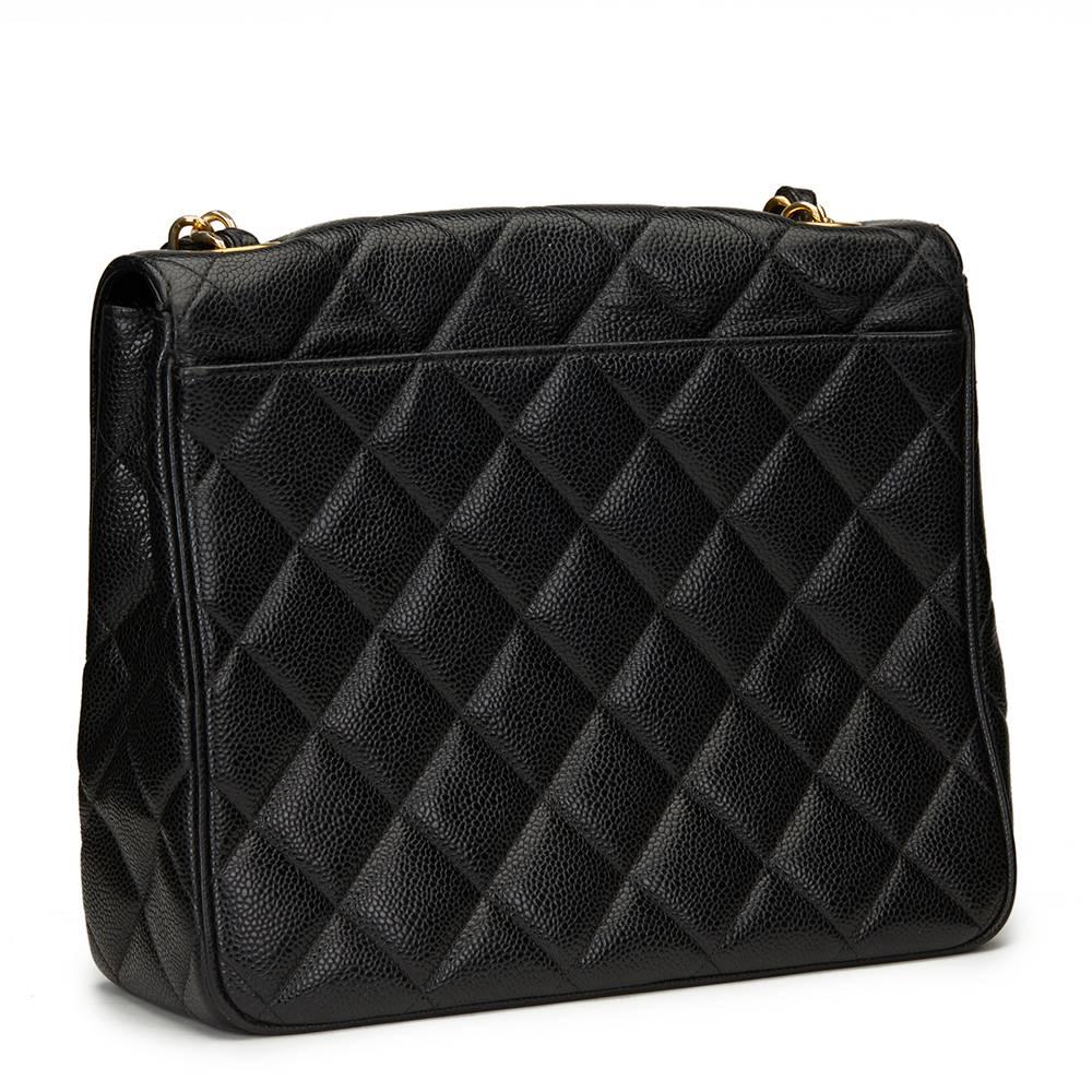 Women's 1990s Chanel Black Quilted Caviar Leather Vintage Classic Single Flap Bag