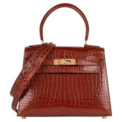 Hermès 1996 Miel Shiny Porosus Crocodile Leather Vintage Kelly 20cm Sellier