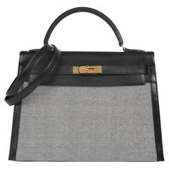 Hermès 1998 Black Box Calf & Toile Canvas Vintage Kelly 32cm Sellier