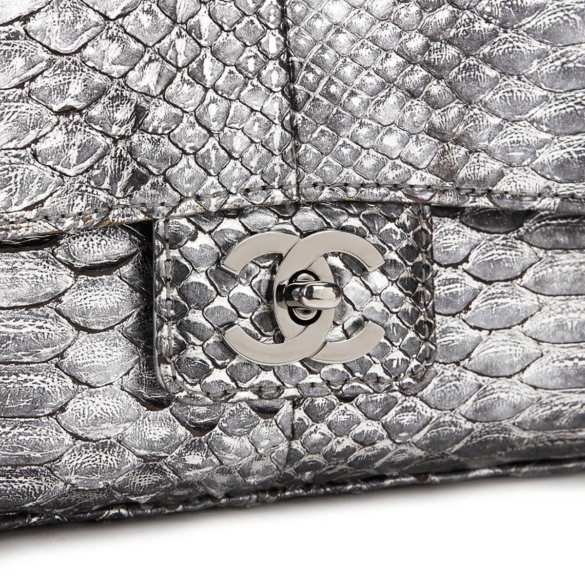 2000s Chanel Metallic Silver Python Classic Single Flap Bag 5