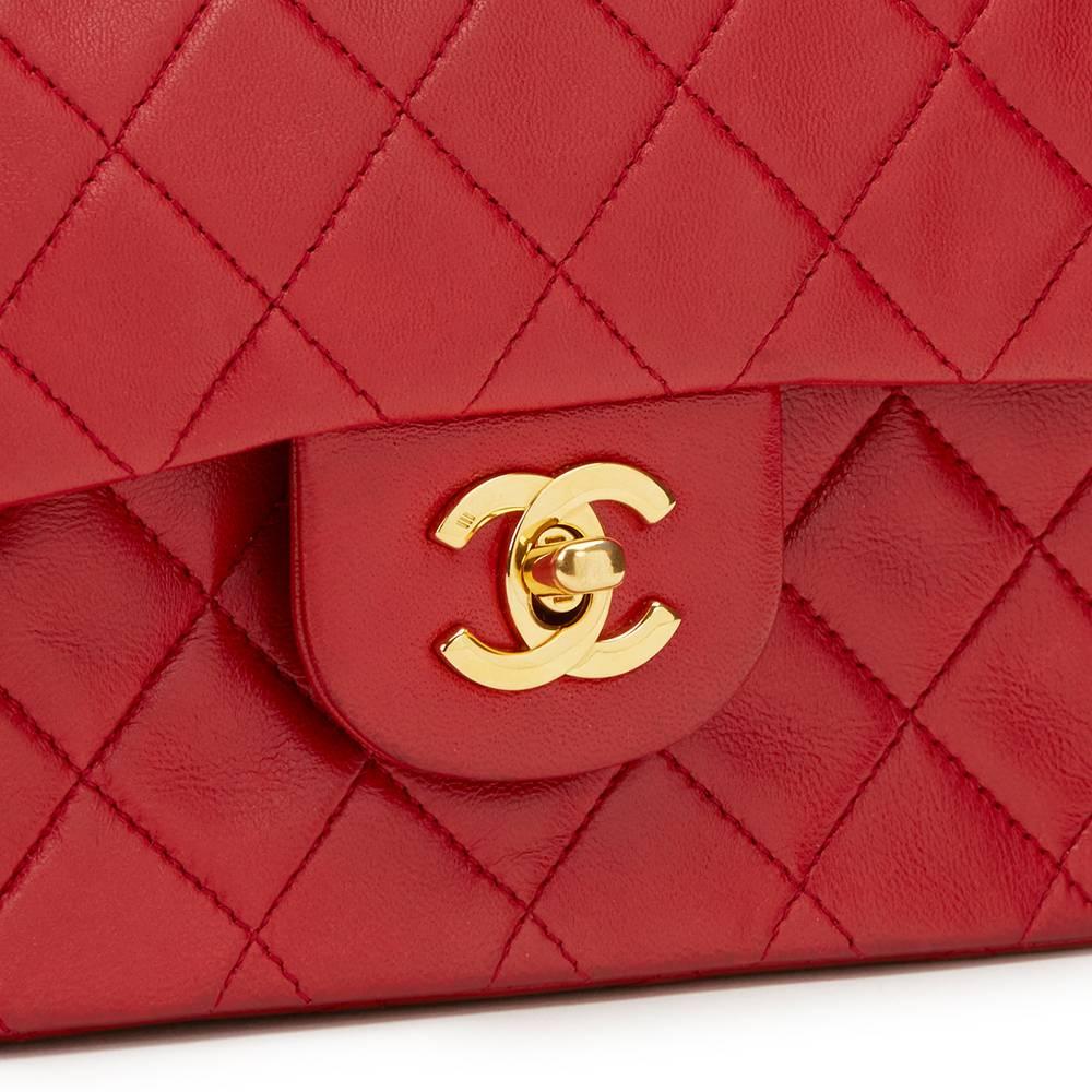 1980s Chanel Red Quilted Lambskin Vintage Small Classic Double Flap 4