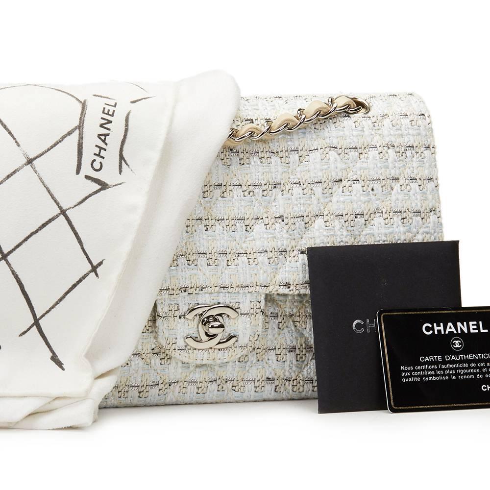 2005 Chanel Beige, White, Blue Tweed Medium Classic Double Flap Bag 2