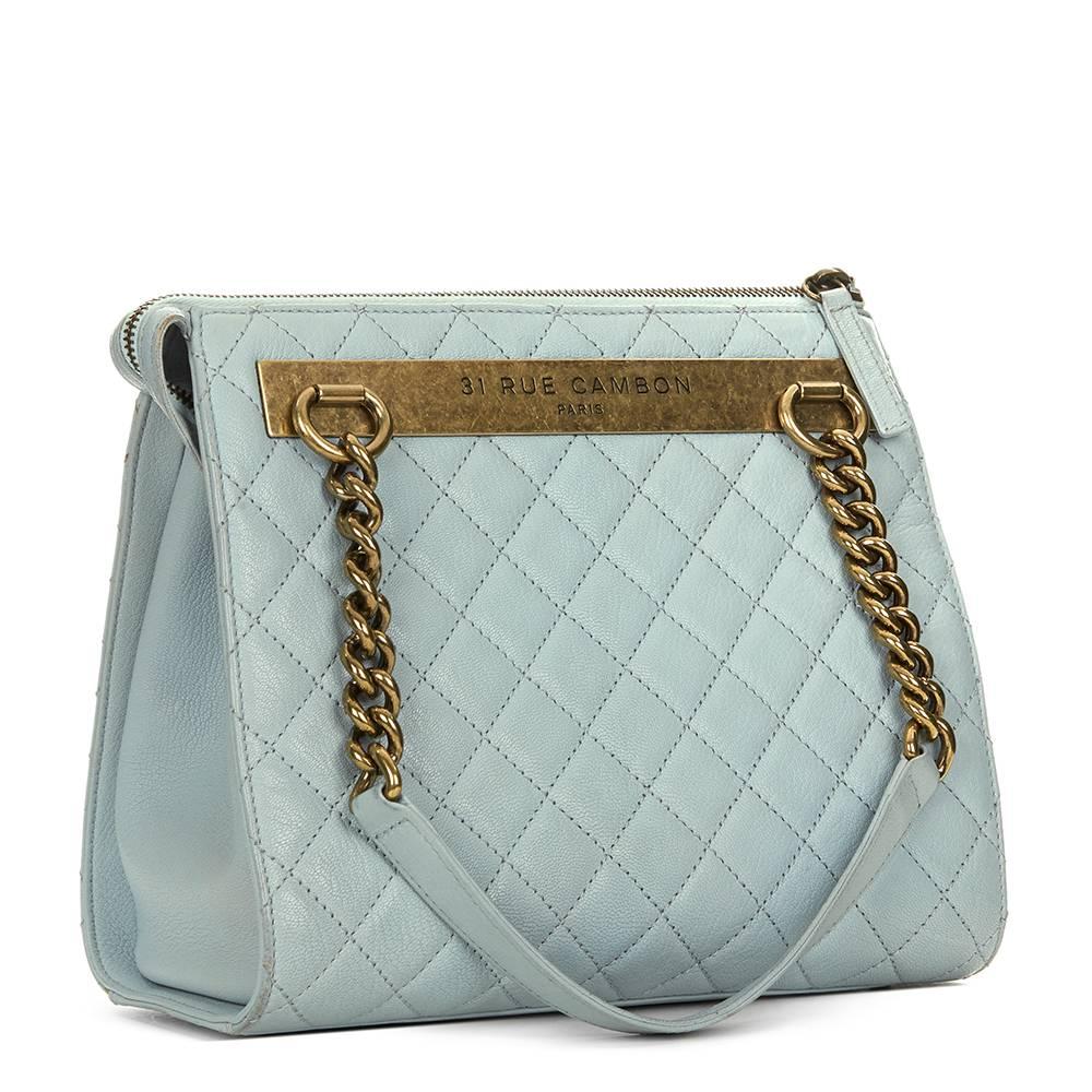 2010s Chanel Pale Blue Quilted Calfskin Leather Timeless Shoulder Tote In Excellent Condition In Bishop's Stortford, Hertfordshire
