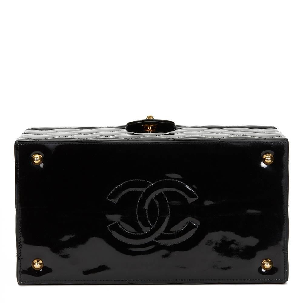 1990s Chanel Black Patent Leather Vintage Timeless Vanity Handbag Case 1