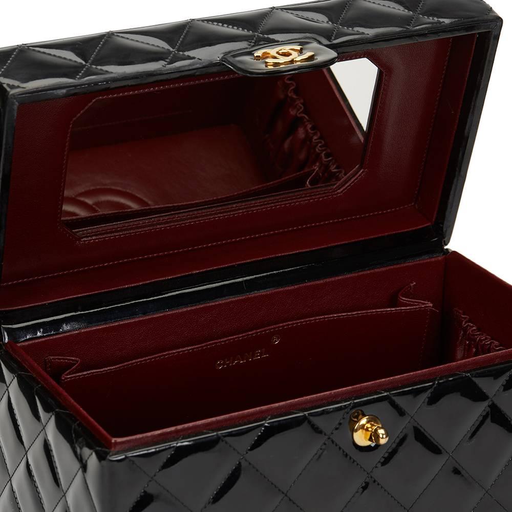 1990s Chanel Black Patent Leather Vintage Timeless Vanity Handbag Case 5