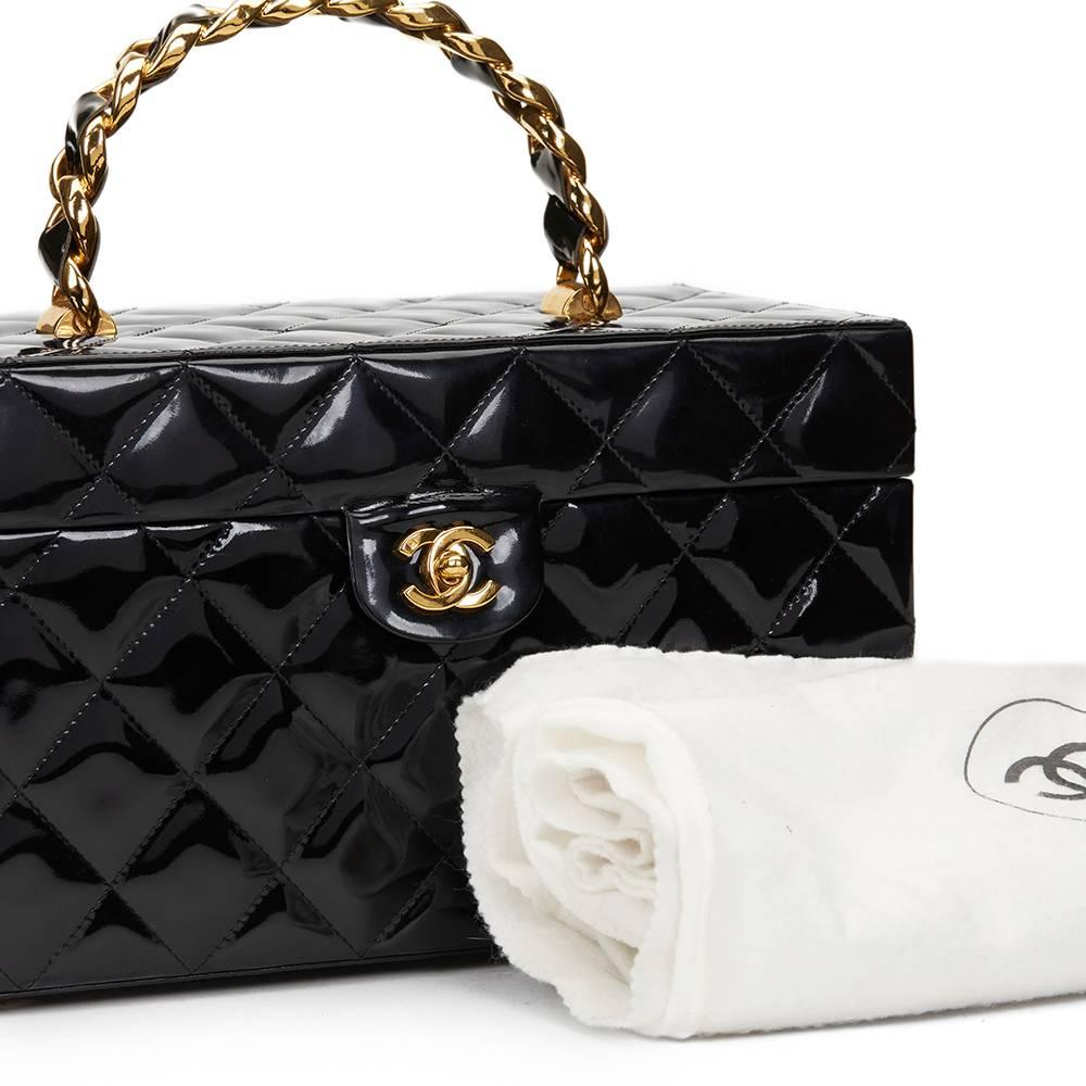 1990s Chanel Black Patent Leather Vintage Timeless Vanity Handbag Case 6