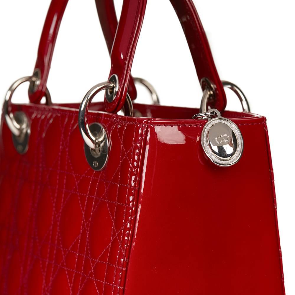 2012 Dior Deep Red Quilted Patent Leather Medium Lady Dior In Excellent Condition In Bishop's Stortford, Hertfordshire