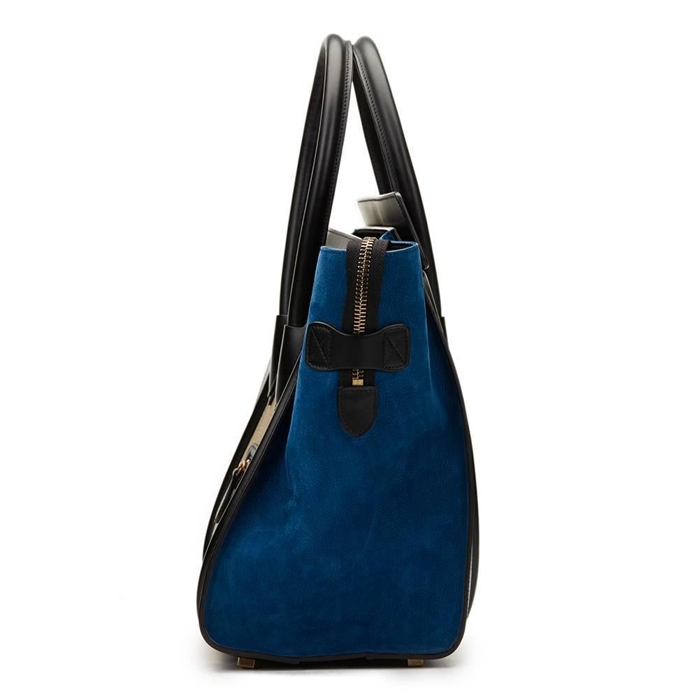 2015 Céline Blue, Beige, Black Tri-Colour Textured Calfskin & Suede Mini Luggage In Excellent Condition In Bishop's Stortford, Hertfordshire