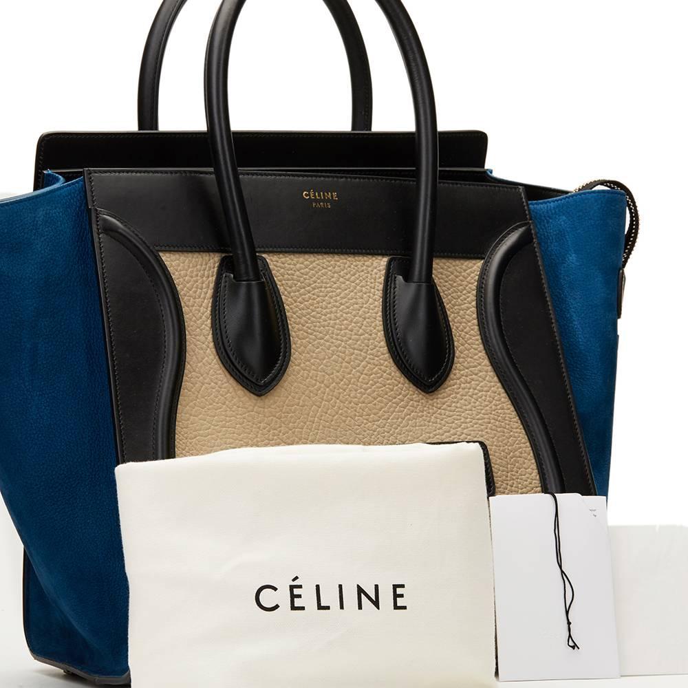 2015 Céline Blue, Beige, Black Tri-Colour Textured Calfskin & Suede Mini Luggage 6
