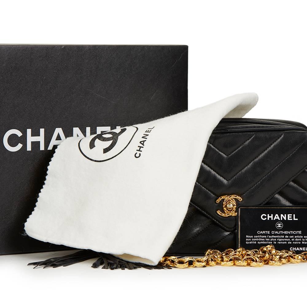 1990s Chanel Black Chevron Quilted Lambskin Vintage Camera Bag 1